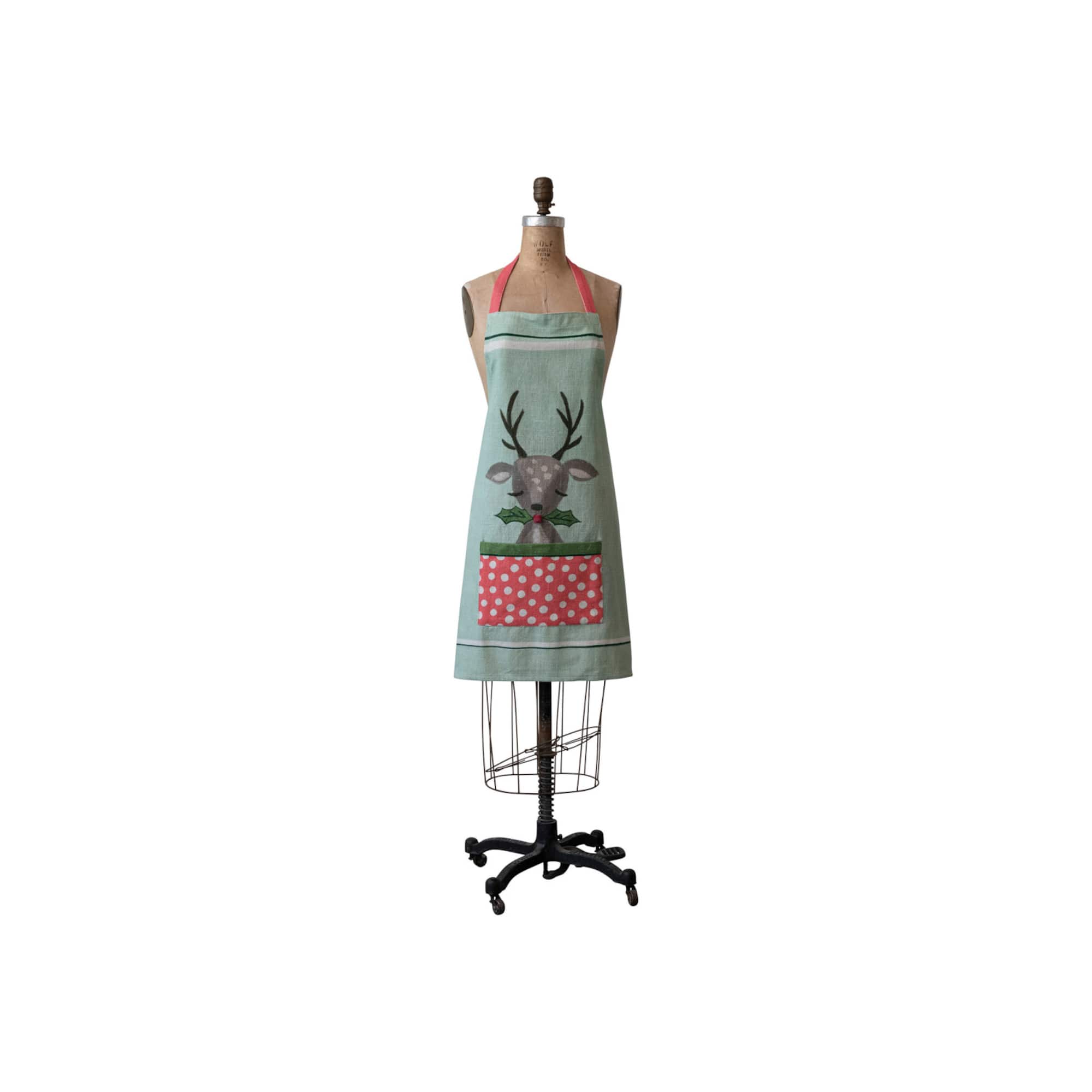 Hello Honey® Multicolor Reindeer, Holly & Polka Dot Pocket Cotton Slub Printed Apron